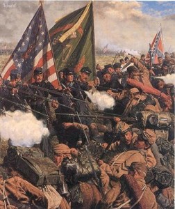 Painting titled A Donnybrook at dusk By  Bradley Schmehl, depicting the Irish Brigade at Malvern Hill