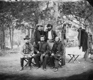 Photo shows: (back row) Patrick Dillon, unidentified; and (front row, left to right) unidentified, James Dillon, and William Corby. The identified men are priests of the Congregation of the Holy Cross, University of Notre Dame. (Source: E. Hogan, Univ. Notre Dame Archives, 2009.) Photograph from the main eastern theater of war, the Peninsular Campaign, May-August 1862.